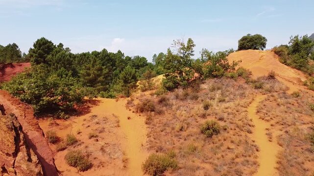Aerial shot of Colorado Proven&ccedil;al ochre cliffs in Provence, France