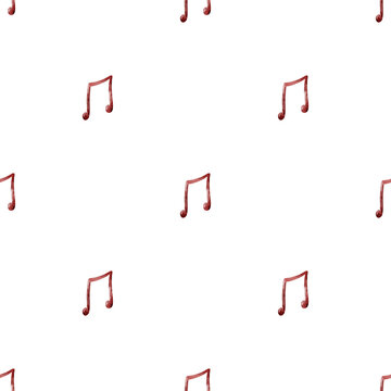 Watercolor seamless pattern with minimalist red musical notes on white background. Elegant musical background for melody lovers, songbooks, wrapping paper, and packaging