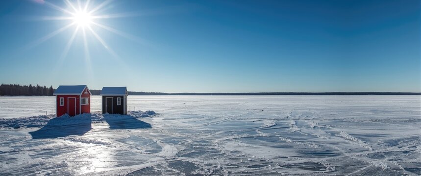 Ice fishing huts in red and black on Kempenfelt Bay of Lake Simcoe with snow in winter, Barrie Ontario Canada under a blue sky