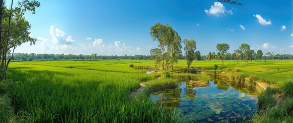 Naklejka premium Enjoy the view of rice fields, fish ponds, and trees under a bright blue sky