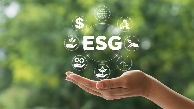 A hand holding ESG icons representing environmental sustainability and social responsibility