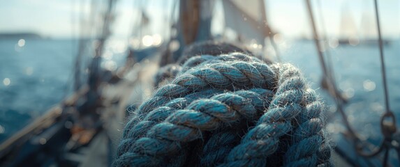 Obraz premium Closeup of a frayed old ship rope on a nautical background with classic blue texture