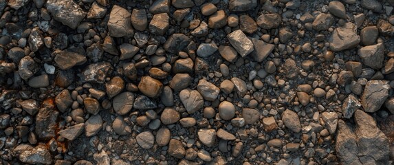 Overhead shot of a full frame textured background featuring uneven stones, cracks, and wet pebbles in daylight