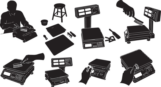 Various cash registers and payment systems in silhouette style