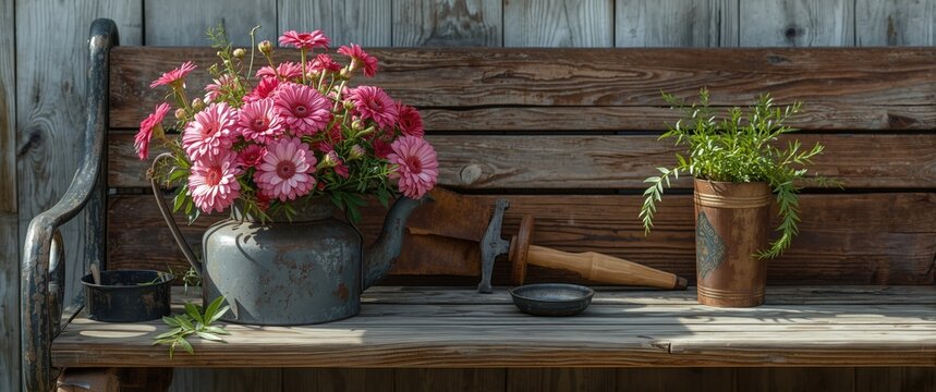 Pink and magenta flower floral composition in an old zinc metal teapot on primitive wooden bench, gardening tools nearby, sunny day, natural lighting