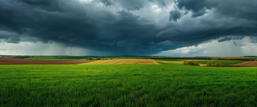 Field featuring a green meadow under a sky with dark pre-storm clouds