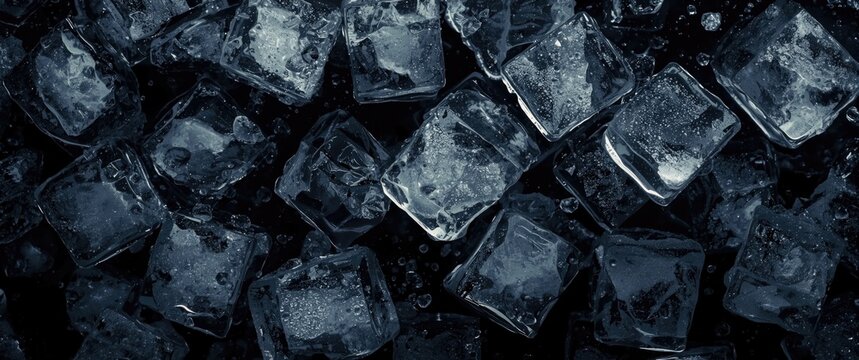 Ice water in dark and bright tones with stunning ice cubes set against a black background, emphasizing clear textures and artistic design, illustrating the purity of ice cubes and the coolness of