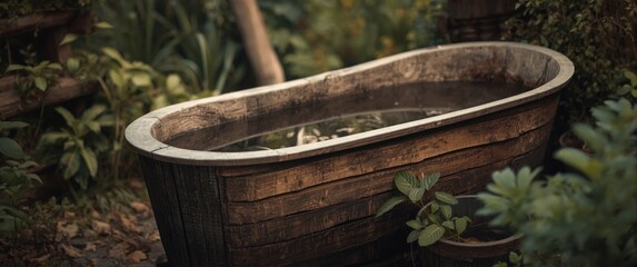 Fototapeta premium Old wooden bath tub made of wood, handcrafted, traditional, outdoor hygiene bucket with history
