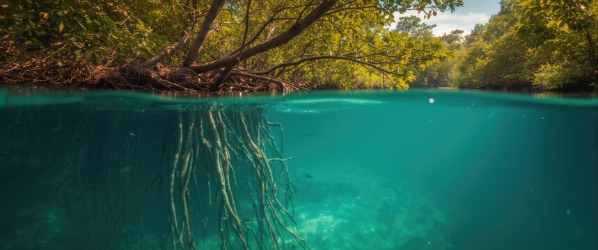 Split level view of mangrove tree in the Caribbean, showing foliage and roots above and below the water surface (red mangrove Rhizophora mangle)