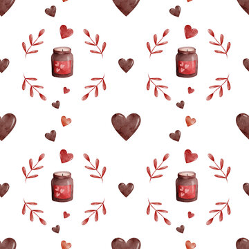 Watercolor seamless pattern with cozy glass candle jars, burning candles, botanical wreaths, and red hearts on white background. Warm romantic background for Valentine's Day, packaging, and wrapping p