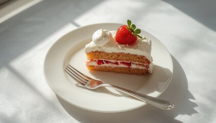 Fresh strawberry cake with a fork on a plate, highlighting indulgent desserts