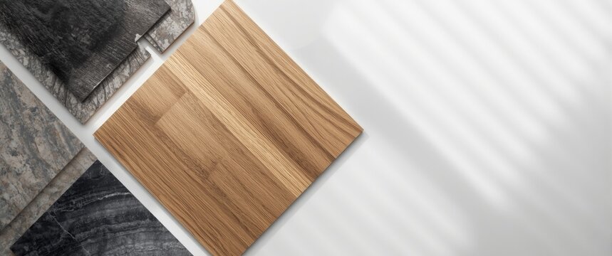 Interior material collection featuring oak, ash veneer, and black, grey stone tile samples isolated on white background for wall and floor design