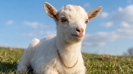 Obraz premium White baby goat lying in green grass with blue sky and gold chain