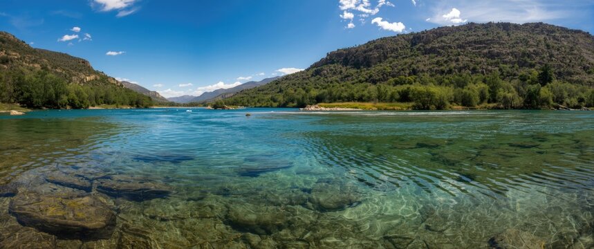 Daylight reveals greenish river water owing to rocky terrain