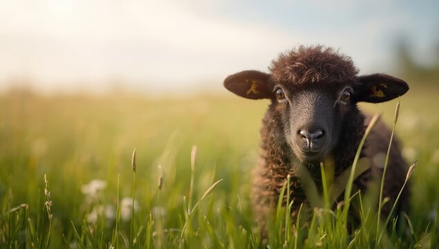 Black sheeps head in detail, highlighting wool and facial features for agricultural or rustic design use