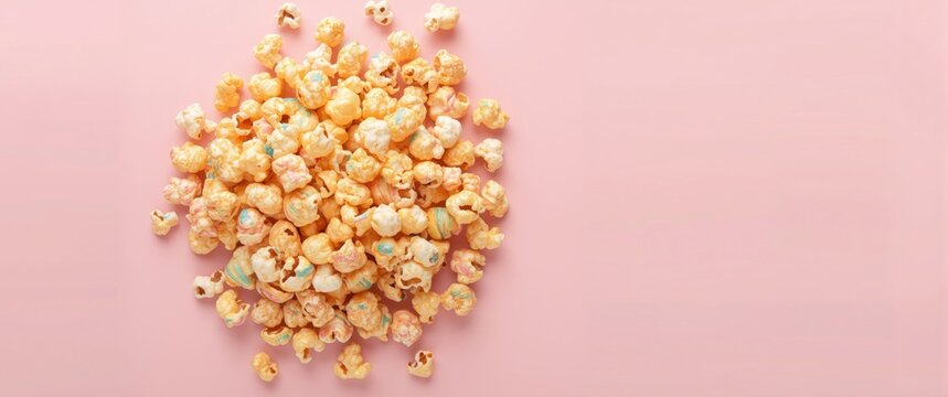 Colorful rainbow caramel candy popcorn on a pink backdrop. Movie snack concept. Food for watching films and entertainment