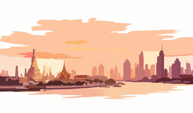 Bangkok riverfront sunset watercolor vector cityscape illustration