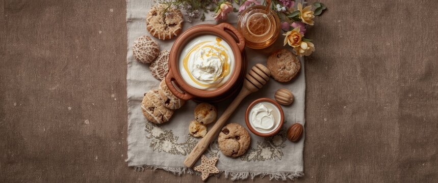 Crafted wooden spoon and antique clay pot filled with sour cream, honey, and cookies, set on a rustic cotton background featuring a natural brown color and artistic design