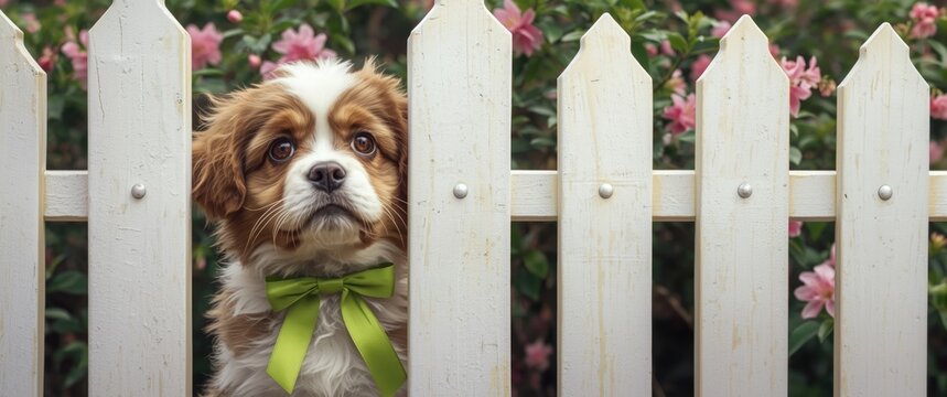 Sweet puppy wearing lime green bow looking forlorn behind white fence, dog, funny, spring, cute, cream