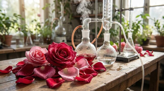 Fresh roses and petals near distillation apparatus with vapor rising on a rustic wooden table