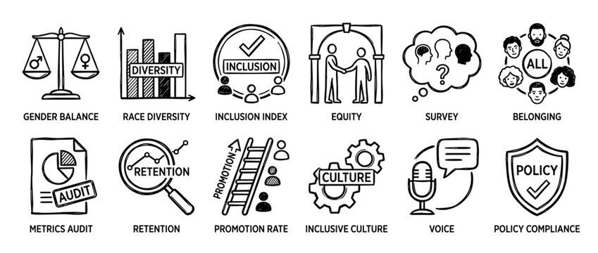 Hand-drawn icon set illustrating diversity, equity, and inclusion concepts for business, showing gender balance, belonging, inclusive culture, and policy compliance in a sketch style