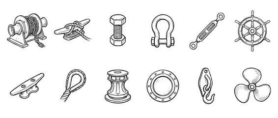 Obraz premium Collection of hand-drawn nautical hardware illustrations including a winch, cleat, shackle, helm, porthole, and propeller in a detailed black and white sketch style
