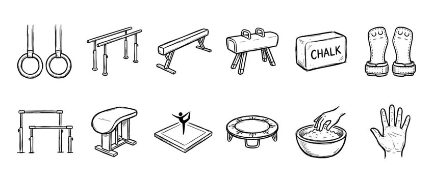 Set of hand-drawn gymnastics equipment icons in a black and white sketch style, featuring apparatus like rings, parallel bars, balance beam, pommel horse, and vault