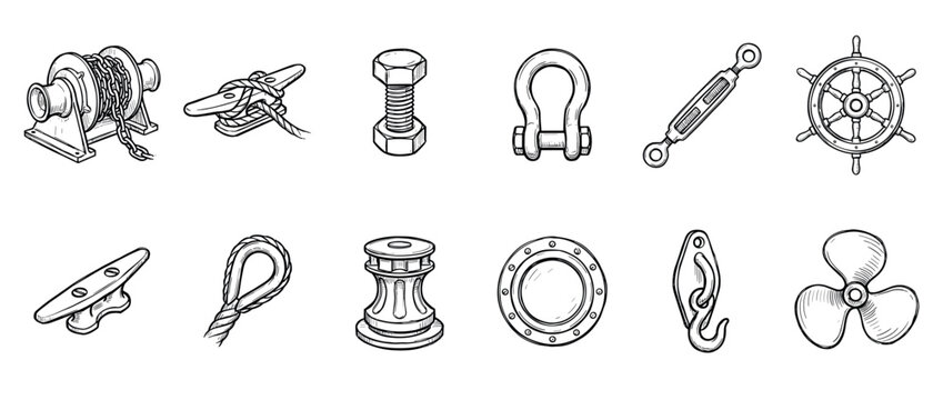 Collection of hand-drawn nautical hardware illustrations including a winch, cleat, shackle, helm, porthole, and propeller in a detailed black and white sketch style
