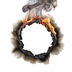 Obraz premium A burning paper hole forming a fiery circular frame with smoke curling and rising, isolated on transparent background