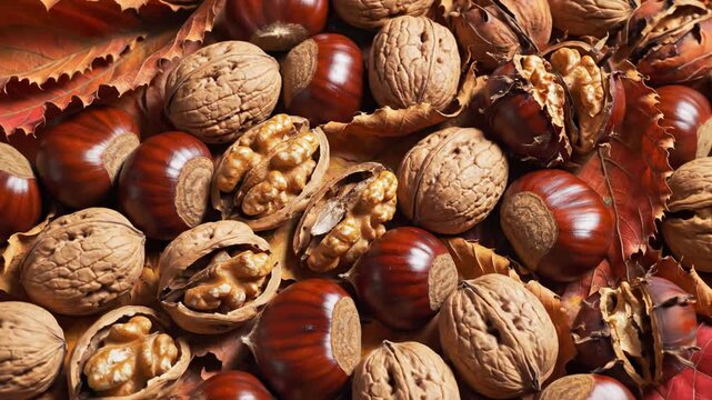 Seamless loop of a dense organic pattern featuring dried russet autumn leaves rotating subtly alongside perfectly shelled walnuts and unopened chestnuts unopened, ecology, organic