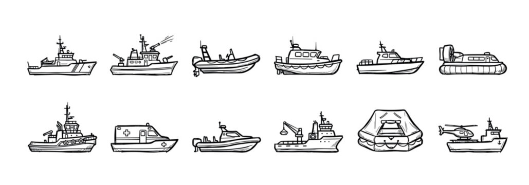 Hand-drawn collection of various rescue and work boats, featuring a fireboat, coast guard cutter, ambulance boat, and hovercraft in a simple black line art sketch style
