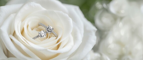 Obraz premium Diamond emphasis in depth of field of silver wedding rings on white rose close-up
