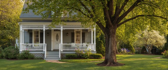 Obraz premium Summer landscape featuring a grey small house with porch and white railings