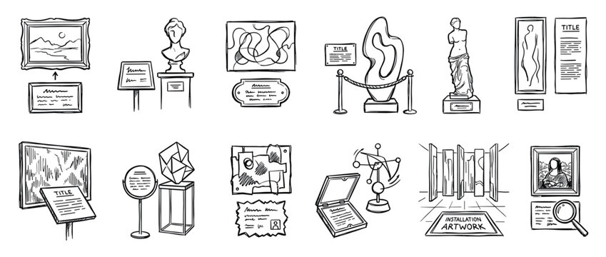 Set of hand-drawn museum exhibit icons including paintings, sculptures, and installation art in a black and white doodle style for cultural and educational concepts