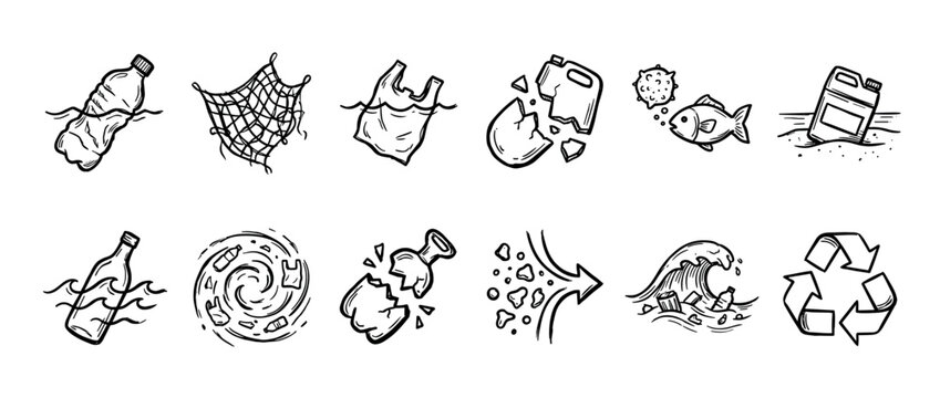 Set of hand-drawn black icons depicting plastic pollution in the ocean, including bottles, bags, nets, and microplastics, illustrating environmental waste and recycling concepts