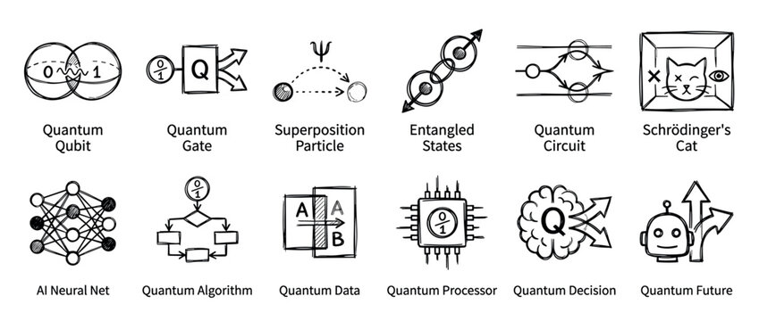 Set of hand-drawn quantum computing icons representing concepts like qubit, superposition, entanglement, and AI neural networks in a simple black and white doodle style illustration