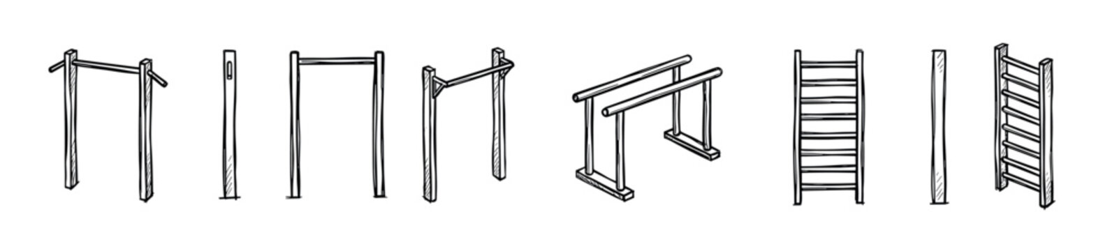 Set of hand-drawn street workout equipment including pull-up bars, parallel bars, and a wall ladder in a simple black and white doodle style for calisthenics and fitness concepts