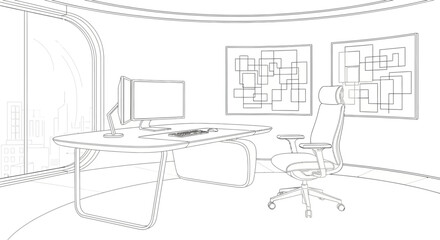 Office Desk with Computer and Chair Illustration.