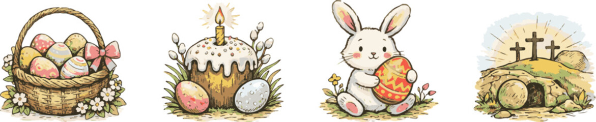 Easter Symbols Set with Bunny, Eggs and Resurrection Scene