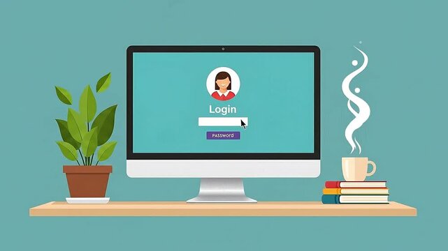 2D Animation of User Login Interface on Desktop Computer with a Cozy Workspace Setting