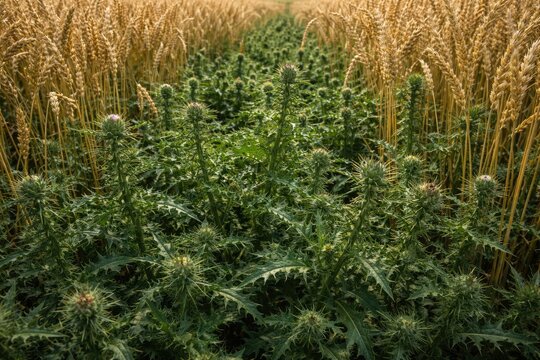 Robust green thorny tares spreading thickly between wheat stalks ready to be harvested