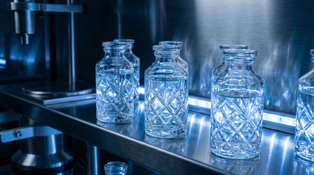 Multiple clear glass bottles with diamond pattern filled with liquid on a stainless steel production line