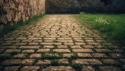 Stone path with grass growing between cobblestones, ideal as a decorative outdoor surface for landscaping projects