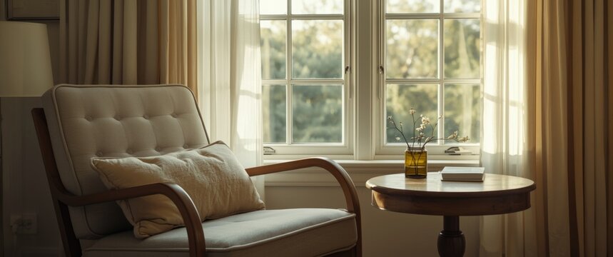 Comfortable plush cushion chair invites relaxation in a sunny, airy room with a scenic view