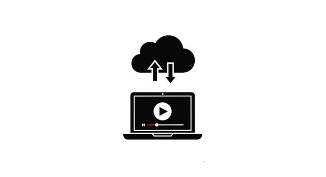 Black and white icon of a laptop with a video player and cloud upload and download arrows to represent data streaming and storage services.