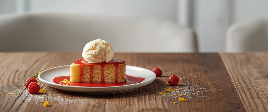 Creamy vanilla ice cream served alongside lemon cake and raspberry sauce on a white table in a restaurant