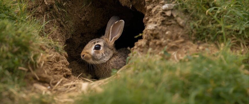 Young wild rabbit in Spring, about to exit the rabbit warren, attentive and facing right. Close-up. Scientific name Oryctolagus cuniculus.