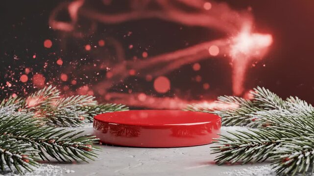 Festive Display Stand: A vivid red platform, poised to showcase a product, set against a backdrop of twinkling lights and adorned with delicate evergreen branches, embodies the spirit of the season.