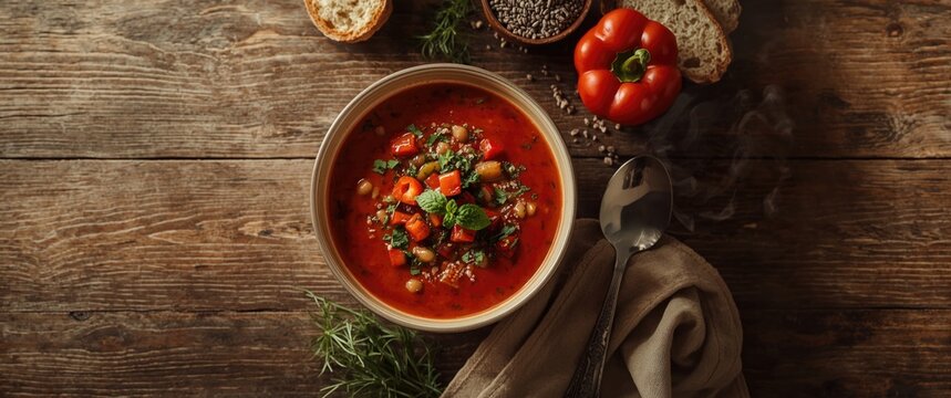 From above: Turkish Ezo Gelin soup with vibrant vegetable garnishes in Turkish cuisine