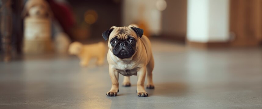 Little Pug with brown coat and black face and ears, standing on cement floor, short-legged and wrinkled